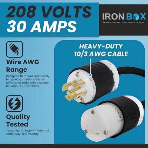 IronBox Electric - Heavy-Duty L21-30P to L6-30R Connector Plug Adapter - 10/3 AWG - 30 Amps and 208V Rated - Reliable Power Solution for Generators, Transfer Switches, and Industrial Equipment(1 foot) in Saudi Arabia