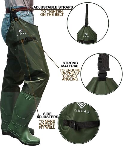 Vinlas Hip Waders for Men/Women, Fly Fishing Accessories, Light Weight Nylon Waterproof Wader Pants with PVC Boots (Green, Men 13 / Women 14) in Saudi Arabia