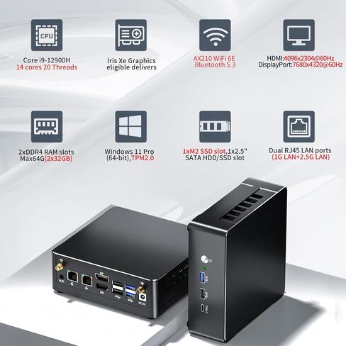 Mini PC I9 ، Desktop Computer Core I9-12900H ، 14 النوى يصل إلى 5.0 جيجا هرتز ، وين -11 برو ، 64 جرام DDR4 ، 2T M.2 PCIE4 in Kuwait