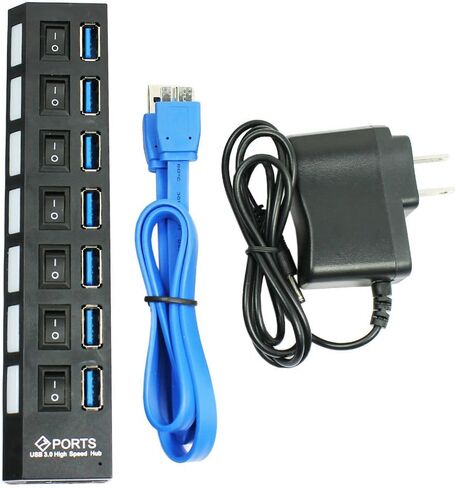 Maxllto 7 Port USB SuperSpeed ​​3.0 Hub On/Off Switches + AC Power Adapter Cable لجهاز الكمبيوتر المحمول للكمبيوتر الشخصي - in Saudi Arabia
