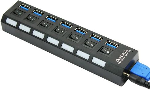 Maxllto 7 Port USB SuperSpeed ​​3.0 Hub On/Off Switches + AC Power Adapter Cable لجهاز الكمبيوتر المحمول للكمبيوتر الشخصي - in Saudi Arabia