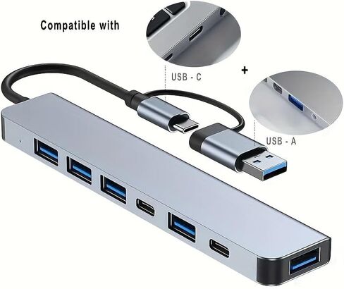 محور USB 7-in-1 مع منافذ USB 3.0 + 4 USB 2.0 + 2 × USB-C متوافقة مع أجهزة الكمبيوتر المحمولة للهواتف الذكية أجهزة USB المحمولة Silber in Kuwait