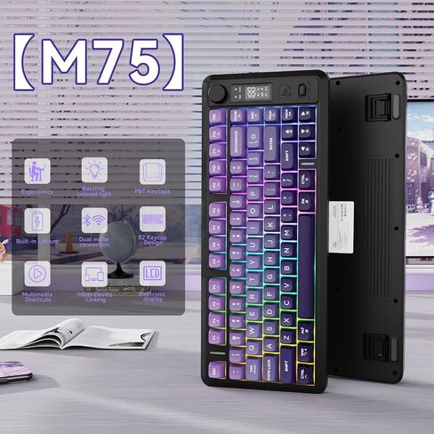 Ziyou Lang M75 لوحة مفاتيح ألعاب لاسلكية ، RGB خلفية قابلة للشحن 2000 مللي أمبير في الساعة بطارية ، غشاء صغير ، لكن لوحة مفاتيح ميكانيكية مع عرض ذكي ومقبض ، مفاتيح التدرج PBT للكمبيوتر الشخصي ، Mac-Grape Purple in Kuwait