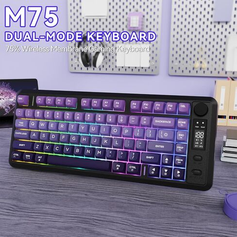 Ziyou Lang M75 لوحة مفاتيح ألعاب لاسلكية ، RGB خلفية قابلة للشحن 2000 مللي أمبير في الساعة بطارية ، غشاء صغير ، لكن لوحة مفاتيح ميكانيكية مع عرض ذكي ومقبض ، مفاتيح التدرج PBT للكمبيوتر الشخصي ، Mac-Grape Purple in Kuwait