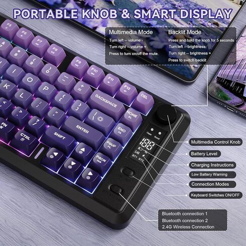 Ziyou Lang M75 لوحة مفاتيح ألعاب لاسلكية ، RGB خلفية قابلة للشحن 2000 مللي أمبير في الساعة بطارية ، غشاء صغير ، لكن لوحة مفاتيح ميكانيكية مع عرض ذكي ومقبض ، مفاتيح التدرج PBT للكمبيوتر الشخصي ، Mac-Grape Purple in Kuwait
