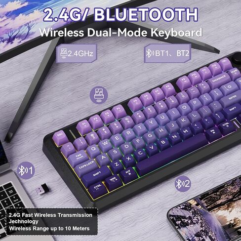 Ziyou Lang M75 لوحة مفاتيح ألعاب لاسلكية ، RGB خلفية قابلة للشحن 2000 مللي أمبير في الساعة بطارية ، غشاء صغير ، لكن لوحة مفاتيح ميكانيكية مع عرض ذكي ومقبض ، مفاتيح التدرج PBT للكمبيوتر الشخصي ، Mac-Grape Purple in Kuwait