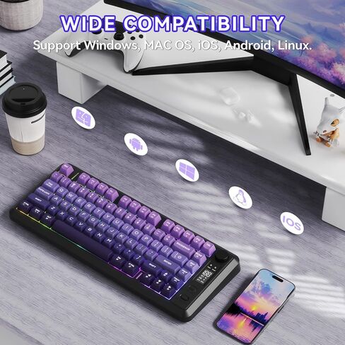 Ziyou Lang M75 لوحة مفاتيح ألعاب لاسلكية ، RGB خلفية قابلة للشحن 2000 مللي أمبير في الساعة بطارية ، غشاء صغير ، لكن لوحة مفاتيح ميكانيكية مع عرض ذكي ومقبض ، مفاتيح التدرج PBT للكمبيوتر الشخصي ، Mac-Grape Purple in Kuwait