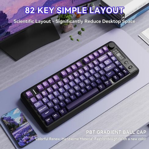 Ziyou Lang M75 لوحة مفاتيح ألعاب لاسلكية ، RGB خلفية قابلة للشحن 2000 مللي أمبير في الساعة بطارية ، غشاء صغير ، لكن لوحة مفاتيح ميكانيكية مع عرض ذكي ومقبض ، مفاتيح التدرج PBT للكمبيوتر الشخصي ، Mac-Grape Purple in Kuwait
