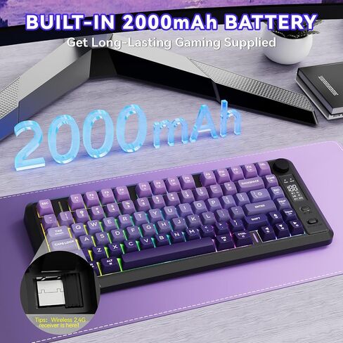 Ziyou Lang M75 لوحة مفاتيح ألعاب لاسلكية ، RGB خلفية قابلة للشحن 2000 مللي أمبير في الساعة بطارية ، غشاء صغير ، لكن لوحة مفاتيح ميكانيكية مع عرض ذكي ومقبض ، مفاتيح التدرج PBT للكمبيوتر الشخصي ، Mac-Grape Purple in Kuwait