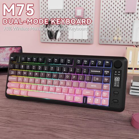 Ziyou Lang M75 لوحة مفاتيح ألعاب لاسلكية ، RGB خلفية قابلة للشحن 2000 مللي أمبير في الساعة بطارية ، غشاء صغير ، لكن لوحة مفاتيح ميكانيكية مع عرض ذكي ومقبض ، مفاتيح التدرج PBT للكمبيوتر الشخصي ، Mac-Grape Purple in Kuwait