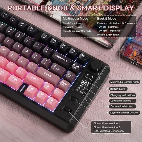 Ziyou Lang M75 لوحة مفاتيح ألعاب لاسلكية ، RGB خلفية قابلة للشحن 2000 مللي أمبير في الساعة بطارية ، غشاء صغير ، لكن لوحة مفاتيح ميكانيكية مع عرض ذكي ومقبض ، مفاتيح التدرج PBT للكمبيوتر الشخصي ، Mac-Grape Purple in Kuwait