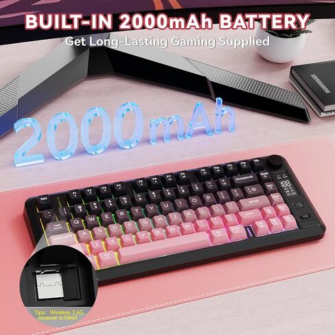 Ziyou Lang M75 لوحة مفاتيح ألعاب لاسلكية ، RGB خلفية قابلة للشحن 2000 مللي أمبير في الساعة بطارية ، غشاء صغير ، لكن لوحة مفاتيح ميكانيكية مع عرض ذكي ومقبض ، مفاتيح التدرج PBT للكمبيوتر الشخصي ، Mac-Grape Purple in Kuwait