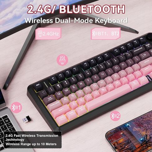 Ziyou Lang M75 لوحة مفاتيح ألعاب لاسلكية ، RGB خلفية قابلة للشحن 2000 مللي أمبير في الساعة بطارية ، غشاء صغير ، لكن لوحة مفاتيح ميكانيكية مع عرض ذكي ومقبض ، مفاتيح التدرج PBT للكمبيوتر الشخصي ، Mac-Grape Purple in Kuwait