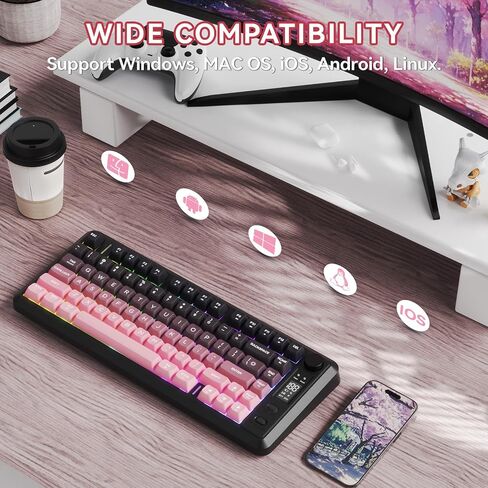 Ziyou Lang M75 لوحة مفاتيح ألعاب لاسلكية ، RGB خلفية قابلة للشحن 2000 مللي أمبير في الساعة بطارية ، غشاء صغير ، لكن لوحة مفاتيح ميكانيكية مع عرض ذكي ومقبض ، مفاتيح التدرج PBT للكمبيوتر الشخصي ، Mac-Grape Purple in Kuwait