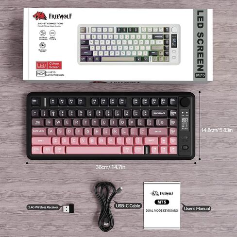 Ziyou Lang M75 لوحة مفاتيح ألعاب لاسلكية ، RGB خلفية قابلة للشحن 2000 مللي أمبير في الساعة بطارية ، غشاء صغير ، لكن لوحة مفاتيح ميكانيكية مع عرض ذكي ومقبض ، مفاتيح التدرج PBT للكمبيوتر الشخصي ، Mac-Grape Purple in Kuwait