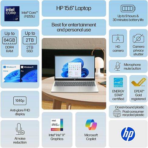 HP Pavilion 15.6 "جهاز كمبيوتر محمول للأعمال والمنزل الطالب | Intel Core I7-1255u قوي حتى 4.7 جيجا هرتز | 32 جيجا بايت ذاكرة الوصول العشوائي - 1TB تخزين (512GB PCIE SSD و 512GB خارجي) | كاميرا الويب | WIN11 PRO | in Kuwait