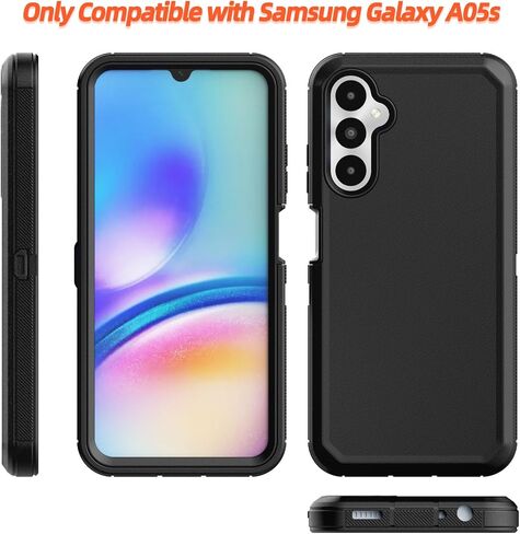 Phone Case for Samsung Galaxy A05s 2023 case,Heavy Duty Hard Shockproof Armor Protector Case Cover with Belt Clip Holster for Samsung A05s 2023 Phone Case (Black) in Saudi Arabia