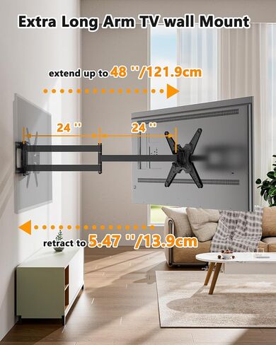 WHYFONE 48'' Extension Long Arm TV Wall Mount Heavy Duty, Portrait TV Mount Vertical,Full Motion TV Bracket Swivel Tilt Level,26''-60''TV, VESA 400x400mm,16''Wood Stud/Concrete/Brick Wall in Kuwait