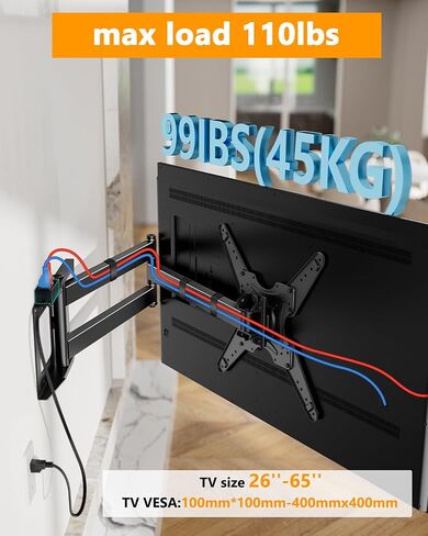 WHYFONE 48'' Extension Long Arm TV Wall Mount Heavy Duty, Portrait TV Mount Vertical,Full Motion TV Bracket Swivel Tilt Level,26''-60''TV, VESA 400x400mm,16''Wood Stud/Concrete/Brick Wall in Kuwait