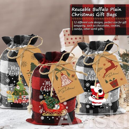 Aviski 120Pcs Cotton Christmas Drawstring Bags Buffalo Plaid Xmas Gift Bags Cotton Candy Bags Small Fabric Bags Goody Gift Bags Treat Sacks Reusable Gift Wrapping Bags Holiday Party Favors in Saudi Arabia