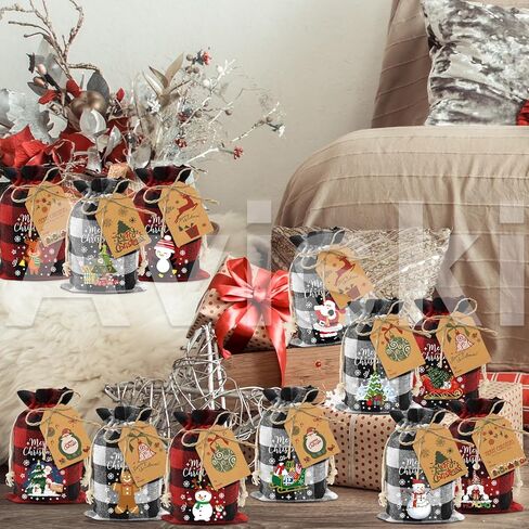 Aviski 120Pcs Cotton Christmas Drawstring Bags Buffalo Plaid Xmas Gift Bags Cotton Candy Bags Small Fabric Bags Goody Gift Bags Treat Sacks Reusable Gift Wrapping Bags Holiday Party Favors in Saudi Arabia