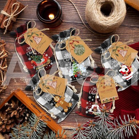 Aviski 120Pcs Cotton Christmas Drawstring Bags Buffalo Plaid Xmas Gift Bags Cotton Candy Bags Small Fabric Bags Goody Gift Bags Treat Sacks Reusable Gift Wrapping Bags Holiday Party Favors in Saudi Arabia
