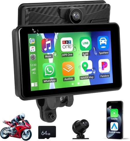 CAMECHO Motorcycle CarPlay Screen, Wireless CarPlay Android Auto for Moto with 2K Dash Cam/HD Rear Camera, 5" Waterproof Touchscreen Car Stereo, Dual Bluetooth, EQ, WiFi Video, Voice Control, TF-64G in Saudi Arabia