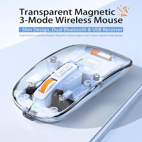 الماوس اللاسلكي الشفاف الحديث-تصميم القشرة المغناطيسية ، 3 ووضع (Bluetooth + USB مزدوج) ، سطح مكتب قابل لإعادة الشحن ، لمسة واحدة ، لجهاز MacBook/PC/iPad/Labtop (الأزرق) in Kuwait