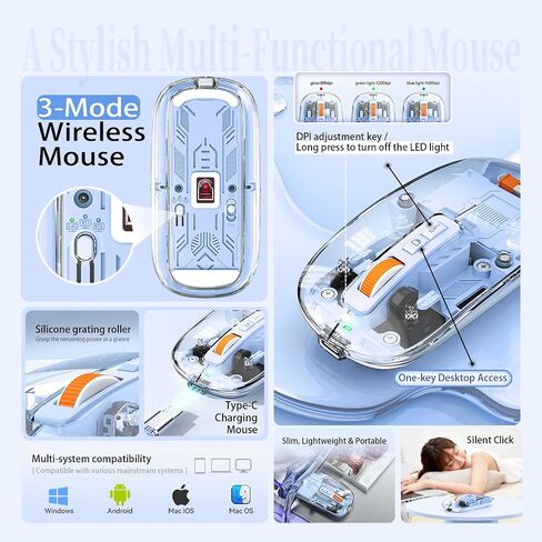 الماوس اللاسلكي الشفاف الحديث-تصميم القشرة المغناطيسية ، 3 ووضع (Bluetooth + USB مزدوج) ، سطح مكتب قابل لإعادة الشحن ، لمسة واحدة ، لجهاز MacBook/PC/iPad/Labtop (الأزرق) in Kuwait