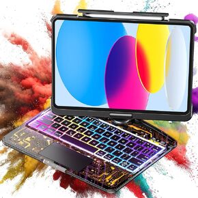 حالة لوحة مفاتيح Sibeitu لـ iPad A16 11th Gen 11 "2025 و 10th Gen 10.9" 2022 ، غطاء حماية لوحة المفاتيح اللاسلكية الصافية مع لوحة تتبع متعددة اللمس ، والإضاءة الخلفية 7-Color و 3-brightness ، 360 Rotatable ، Black in Kuwait