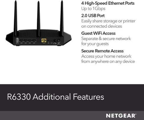 NETGEAR WiFi Router (R6330) - AC1600 Dual Band Wireless Speed (up to 1600 Mbps) | Up to 1200 sq ft Coverage & 20 Devices | 4 x 1G Ethernet and 1 x 2.0 USB Ports (R6330-1AZNAS) (Renewed) in Saudi Arabia