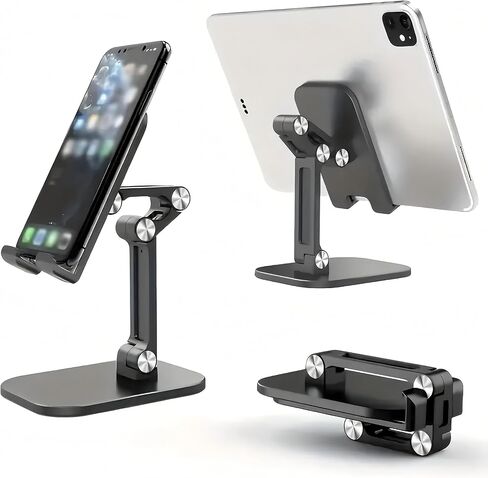 Cell Phone Stand for Desk, Adjustable Angle Height Foldable Cell Phone Desktop Holder Compatible with 4-13 Inch Mobile Phone/iPad/Tablet - Black in Saudi Arabia
