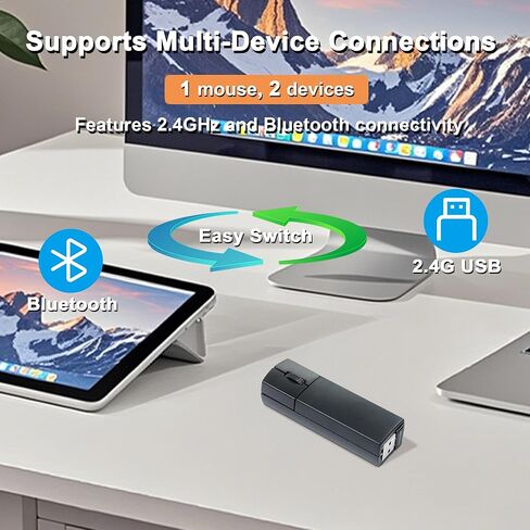 Wireless Mouse Bluetooth Mini Silent Dual-Mode 2.4GHz & Bluetooth Computer Mice with Case Lightweight Rechargeable Portable Small Wireless Mouse for Laptop PC Desktop MacBook Tablet Kids Gift, Black in Kuwait