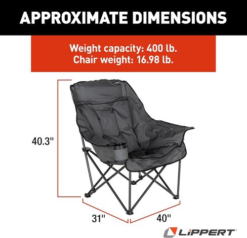 Lippert Big Bear Dark Grey Heated Folding Camping Chair with Power Bank, Two Heat Zones, 400-lb. Weight Capacity, 600D Polyester Fabric, High-Loft Cushioning, Zippered Carrying Bag - 2024043334 in Saudi Arabia