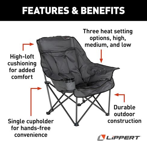 Lippert Big Bear Dark Grey Heated Folding Camping Chair with Power Bank, Two Heat Zones, 400-lb. Weight Capacity, 600D Polyester Fabric, High-Loft Cushioning, Zippered Carrying Bag - 2024043334 in Saudi Arabia