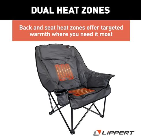 Lippert Big Bear Dark Grey Heated Folding Camping Chair with Power Bank, Two Heat Zones, 400-lb. Weight Capacity, 600D Polyester Fabric, High-Loft Cushioning, Zippered Carrying Bag - 2024043334 in Saudi Arabia