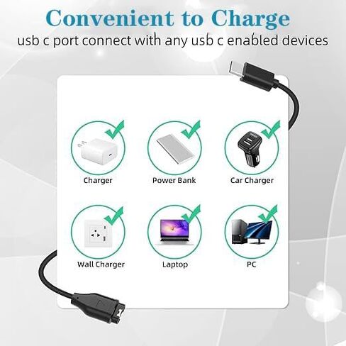 USB C Charger لـ Garmin Vivoactive 6 5 4 4S 3 3Music ، Venu 3 3S 2 2S 2Plus SQ ، Forerunner 970 570 Watch Charger ، Cable 3.3ft Type-C Charging Cable مع Silicone Charging Port Port Clop in Kuwait
