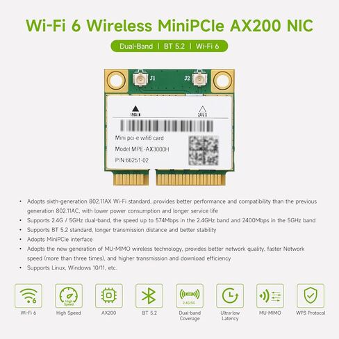 Waveshare Wireless Minipcie AX200 NIC ، متوافق مع Linux ، Windows 10/11 ، Gigabit Dual-Band Wi-Fi 6 ، 802.11ax Standard ، Bluetooth 5.2 in Saudi Arabia