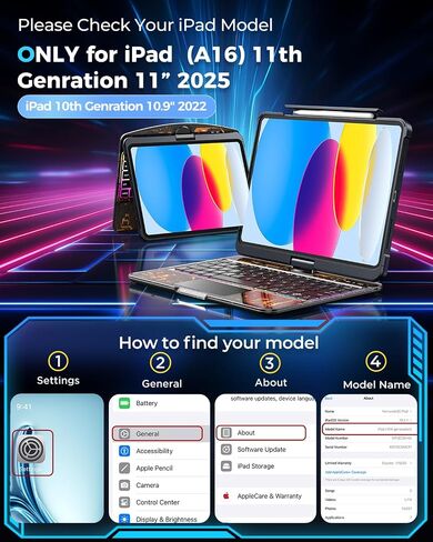 حالة لوحة مفاتيح Sibeitu لـ iPad A16 11th Gen 11 "2025 و 10th Gen 10.9" 2022 ، غطاء حماية لوحة المفاتيح اللاسلكية الصافية مع لوحة تتبع متعددة اللمس ، والإضاءة الخلفية 7-Color و 3-brightness ، 360 Rotatable ، Black in Kuwait