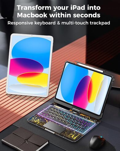 حالة لوحة مفاتيح Sibeitu لـ iPad A16 11th Gen 11 "2025 و 10th Gen 10.9" 2022 ، غطاء حماية لوحة المفاتيح اللاسلكية الصافية مع لوحة تتبع متعددة اللمس ، والإضاءة الخلفية 7-Color و 3-brightness ، 360 Rotatable ، Black in Kuwait