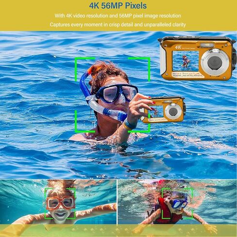 4K كاميرا تحت الماء ، 56 ميجابكسل تلقائي تلقائي تلقائي 16x ZOOM الرقمية 10FT الكاميرا قابلة لإعادة الشحن الكاميرا الرقمية selfie مضغوطة مع بطاقة الذاكرة 64G لغوص الغطس ، الأصفر in Kuwait