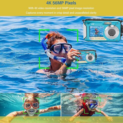4K كاميرا تحت الماء ، 56 ميجابكسل تلقائيًا تلقائيًا 16x Zoom Digital Zoom 10ft Camera شاشات مزدوجة قابلة لإعادة الشحن الكاميرا الرقمية Selfie مع بطاقة ذاكرة 64G لغوص الغطس ، الأزرق in Kuwait