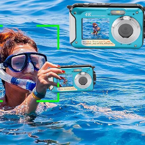 4K كاميرا تحت الماء ، 56 ميجابكسل تلقائيًا تلقائيًا 16x Zoom Digital Zoom 10ft Camera شاشات مزدوجة قابلة لإعادة الشحن الكاميرا الرقمية Selfie مع بطاقة ذاكرة 64G لغوص الغطس ، الأزرق in Kuwait