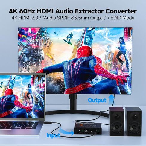 J-Tech Digital HDMI 2.0 Audio Extractor Converter with Downmix Compatible with Dolby Digital Decoding 18Gbps 4K 60Hz + 1080P@120Hz + 1080P@144Hz + SPDIF + RCA HDCP 2.2 HDR10 [JTECH-EXD2] in Saudi Arabia