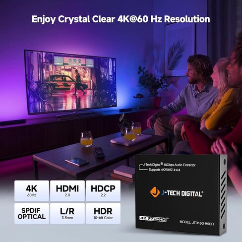 J-Tech Digital HDMI 2.0 Audio Extractor Converter with Downmix Compatible with Dolby Digital Decoding 18Gbps 4K 60Hz + 1080P@120Hz + 1080P@144Hz + SPDIF + RCA HDCP 2.2 HDR10 [JTECH-EXD2] in Saudi Arabia