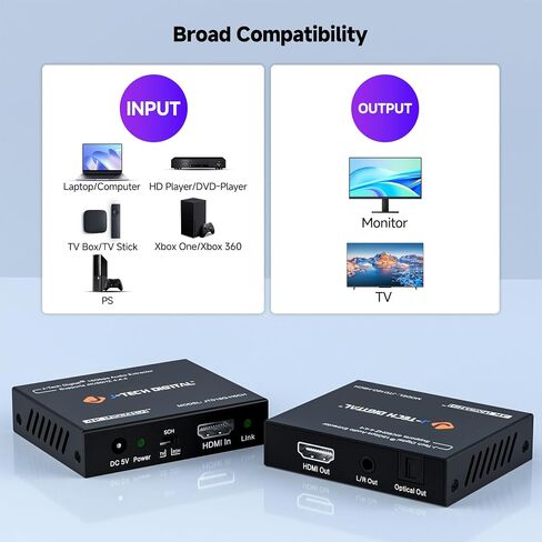 J-Tech Digital HDMI 2.0 Audio Extractor Converter with Downmix Compatible with Dolby Digital Decoding 18Gbps 4K 60Hz + 1080P@120Hz + 1080P@144Hz + SPDIF + RCA HDCP 2.2 HDR10 [JTECH-EXD2] in Saudi Arabia