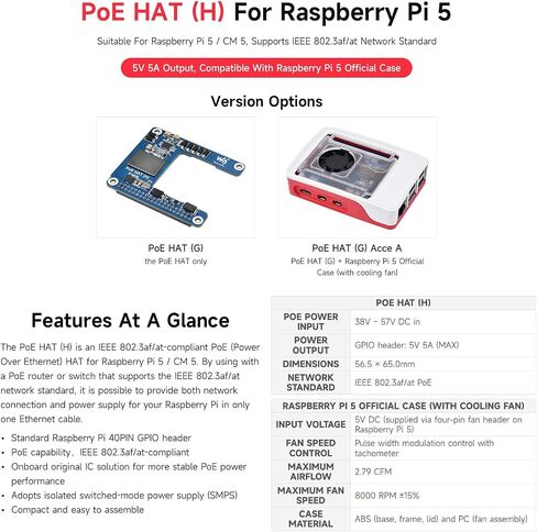 Waveshare Power Over Ethernet HAT (H), Compatible with Raspberry Pi 5 / CM 5, 5V 5A Output, Stable Performance, Supports 802.3af/at Network, Isolated Switched-Mode Power Supply, PoE HAT, Board ONLY in Saudi Arabia