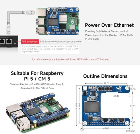 Waveshare Power Over Ethernet HAT (H), Compatible with Raspberry Pi 5 / CM 5, 5V 5A Output, Stable Performance, Supports 802.3af/at Network, Isolated Switched-Mode Power Supply, PoE HAT, Board ONLY in Saudi Arabia