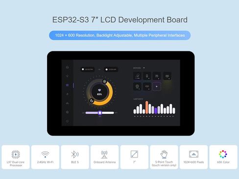 ESP32-S3 7inch Touch LCD لوحة تطوير ، 1024 × 600 65K شاشة IPS Color ، معالج 32 بت LX7 ثنائي النواة ، تصل إلى 240 ميجا هرتز ، ودعم 2.4 جيجا هرتز Wi-Fi و BLE 5 ، الإضاءة الخلفية قابلة للتعديل in Saudi Arabia