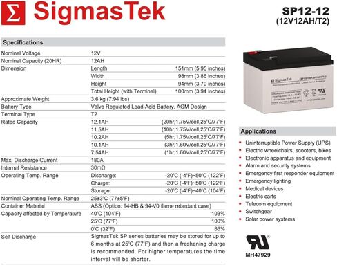 SigmasTek Pride Go-Go Scooter 12 Volt 12 AmpH Replacement Battery Pack Set of 2 in Saudi Arabia
